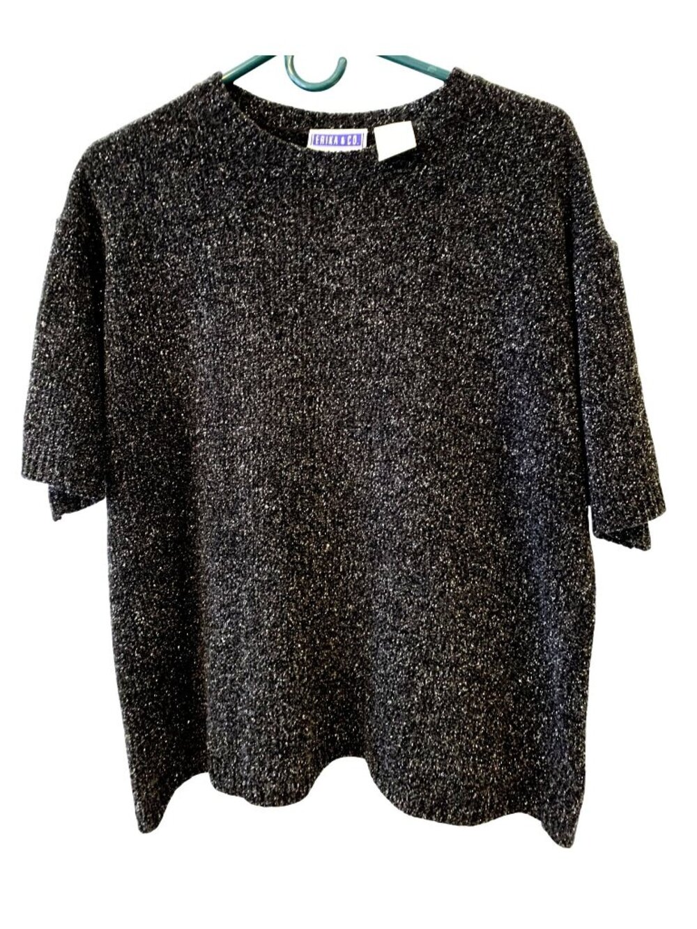 Erika & Co Womens XL Black Sparkle Knit Top Short Sleeve Y2K Party Glam